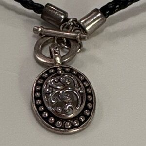 Vtg NF 925 Thai Sterling Silver Filigree Pendant Black Braided Choker Necklace